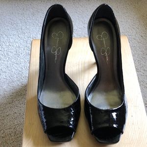 Black Patent Embossed Platform Pumps